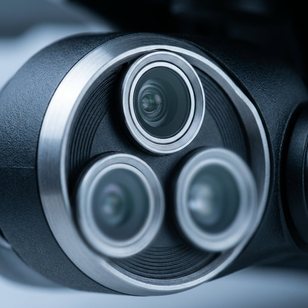 Extreme close-up macro shot of the drone's triple-camera lens array filling the square frame edge to edge. Three circular lenses in a triangular formation dominate the composition — center lens in razor-sharp focus, outer lenses dissolving into bokeh. The matte-black housing shows precision texture; brushed-metal accent rings catch a cool diffused studio side-light that reveals surface depth and build quality. Static, no motion blur, no color gels. The framing communicates engineering confidence and justifi