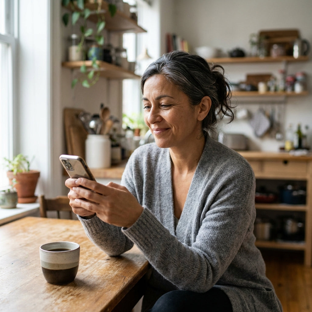 A woman in her mid-40s with olive skin and silver-streaked dark hair pulled back loosely, wearing a relaxed grey cardigan, seated at a wooden kitchen table in soft morning window light. She holds a smartphone in both hands tilted slightly toward the viewer — her expression is quiet, warm, and genuinely moved, the look of someone watching something that made them feel proud of a gift they gave. A half-drunk mug of coffee sits at her elbow. Kitchen behind her is soft-focus and real, not a studio set. Her eyes